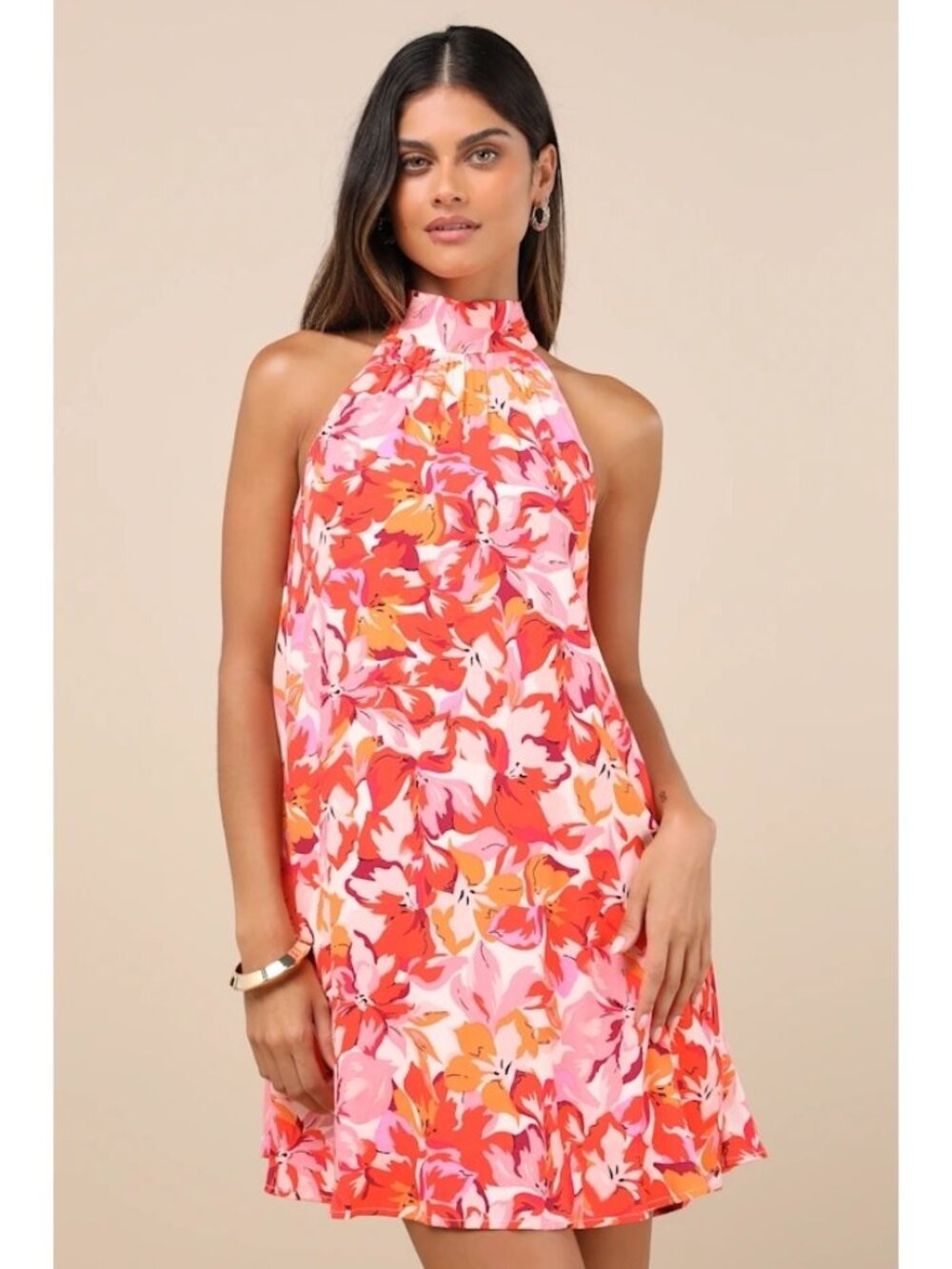 Lulus Mini Halter Neck Dress Size Small Floral Print Tied Back Sleeveless
